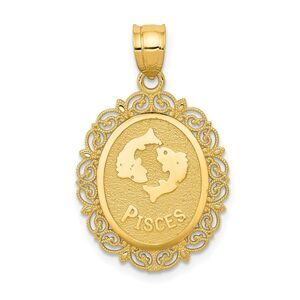 14k Yellow Gold Filigree Oval Pisces the Fish Zodiac Pendant, 20mm